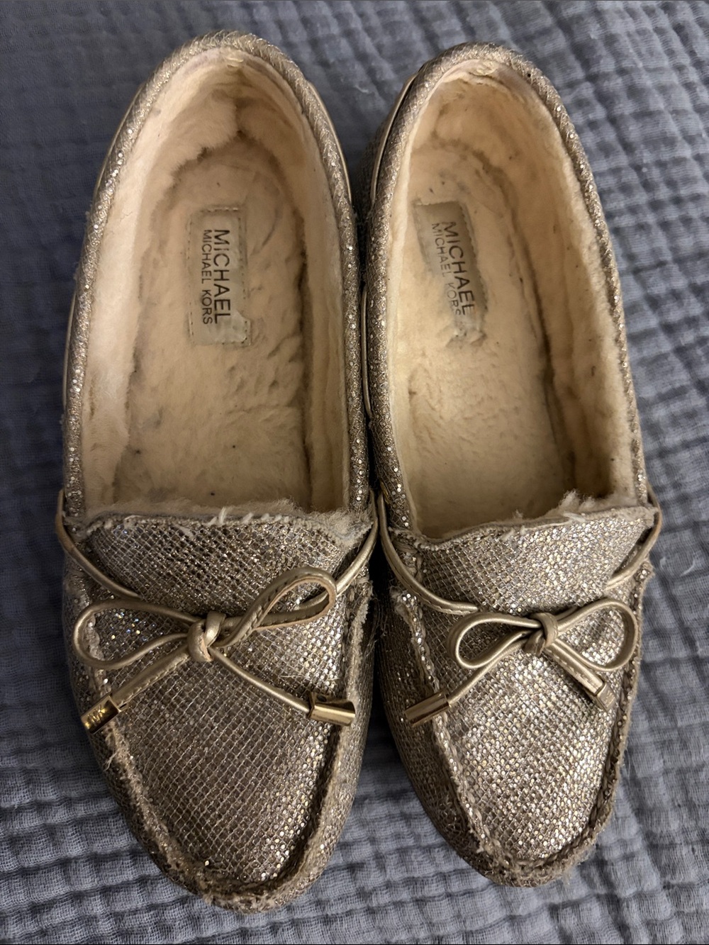 MICHAEL Michael Kors Gold Glitter Moccasin Slippers with Bow